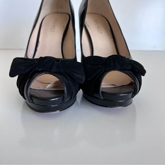 Nine West Fealey Peep Toe Leather Black Platform Pumps - Picture 5 of 14